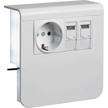 Держатель устройств HAGER SL new, с розетками Schuko (L+N+PE), 16A, 250A AC и 2хRJ45, чисто белый